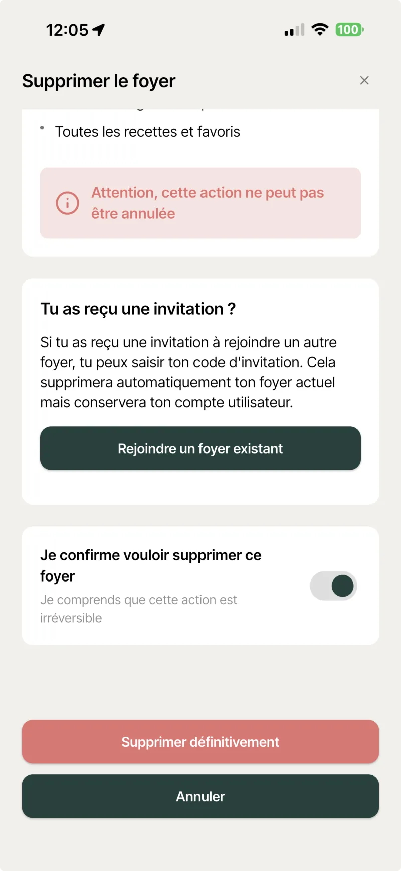 Écran Supprimer le foyer de Melimelo avec l'interrupteur de confirmation et le bouton Supprimer définitivement