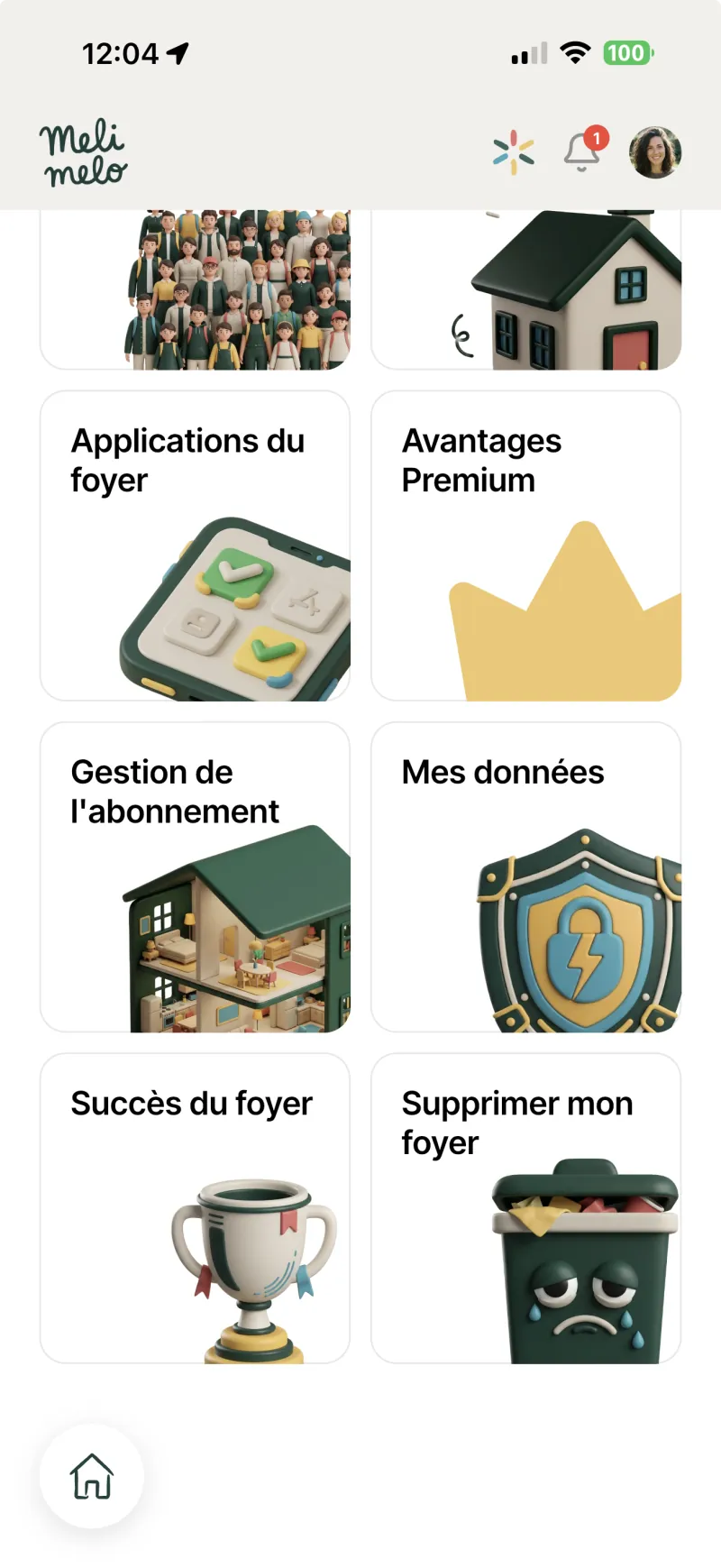 Écran du foyer dans Melimelo avec la carte Supprimer mon foyer en bas à droite