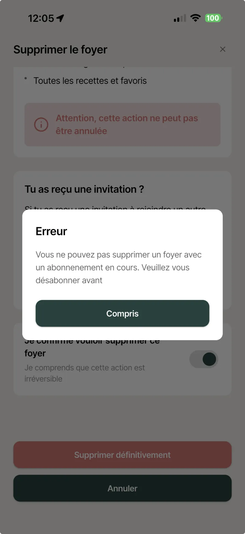 Fenêtre d'erreur de Melimelo indiquant qu'un foyer avec un abonnement en cours ne peut pas être supprimé